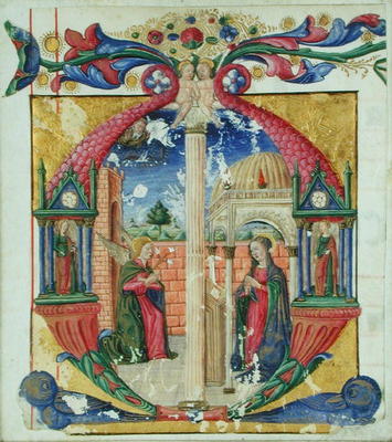 Historiated initial 'M' depicting the Annunciation, c.1475 (vellum) de Italian School, (15th century)