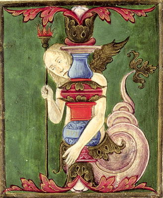 Historiated initial 'I' depicting a Winged Mermaid (vellum) de Italian School, (15th century)