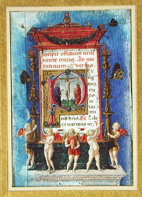 Historiated initial 'P' depicitng the Crucifixion, page from a Book of Hours (vellum) de Italian School, (15th century)