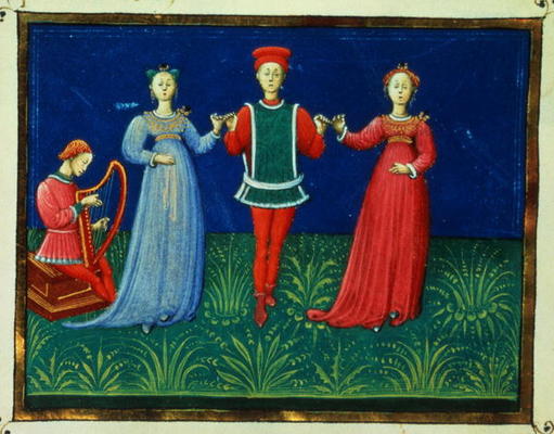 It 973 f.21v A Gentleman dancing with two Ladies, from 'Trattato dell'Arte del Ballare' (vellum) de Italian School, (15th century)
