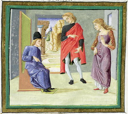 Man and woman before their judge, from 'Decretum Gratiani' (vellum) de Italian School, (15th century)