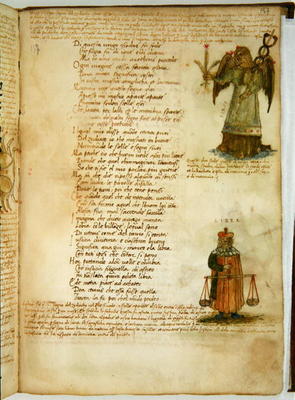 Ms Ital 483 P.4.7 f.157r Virgo and Libra, from the 'Dittamondo' by Fazio degli Uberti (vellum) de Italian School, (15th century)