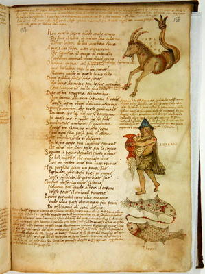 Ms Ital 483 P.4.7 f.158r Capricorn, Aquarius and Pisces, from the 'Dittamondo' by Fazio degli Uberti de Italian School, (15th century)