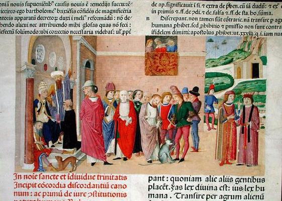 Presentation of the work to the Pope, from 'Decretum Gratiani' (vellum) de Italian School, (15th century)