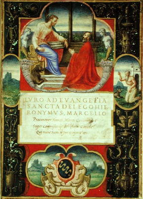 G. Marcello kneeling before St. Marco and St. Jerome and the coat of arms of the Marcello Familly, 1 de Italian School, (16th century)