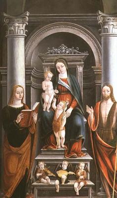 Madonna and Child receiving a rose from the Infant St. John the Baptist, with saints and angels by M de Italian School, (16th century)