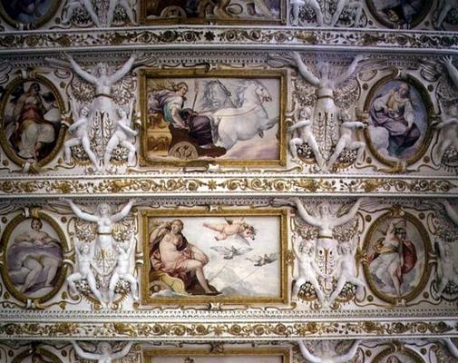 The first floor hall, detail of mythological figures, ceiling decoration, 1568 de Italian School, (16th century)