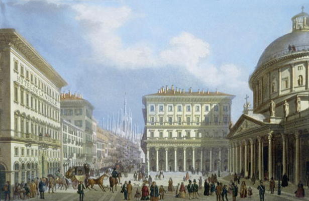 The City Hall and Piazza di San Carlo from 'Views of Milan and its Environs' (colour litho) de Italian School, (19th century)