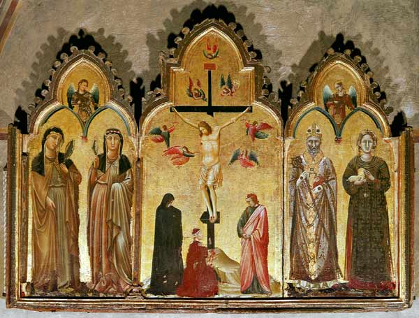 Kreuzigung mit Stifter und den Heiligen Agnes, Rufinus, Klara von Assisi und Agnes der Klarissin de Italienisch