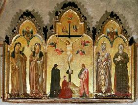 Kreuzigung mit Stifter und den Heiligen Agnes, Rufinus, Klara von Assisi und Agnes der Klarissin