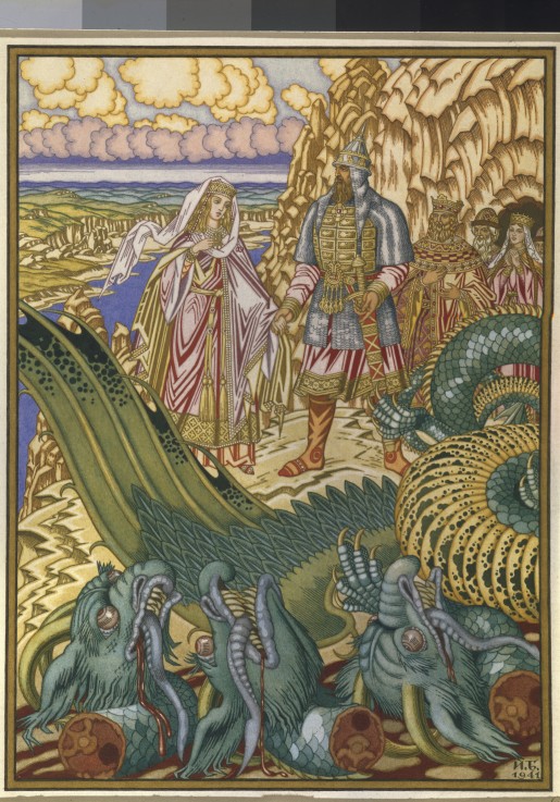 Dobrynya Nikitich rescues Zabava Putyatishna from the dragon Gorynych de Ivan Jakovlevich Bilibin