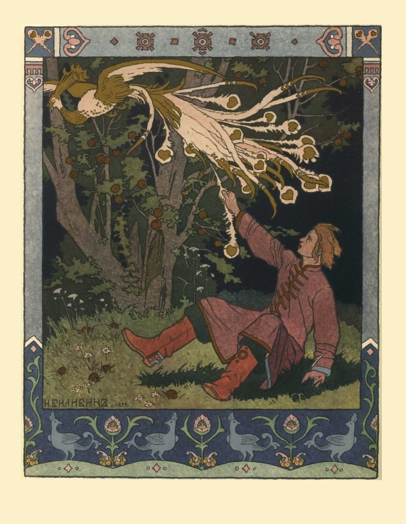 Illustration for the Fairy tale of Ivan Tsarevich, the Firebird, and the Gray Wolf de Ivan Jakovlevich Bilibin