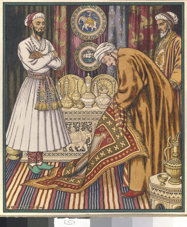 Prince Ali buying a carpet. Illustration for Arabian Fairy Tales de Ivan Jakovlevich Bilibin