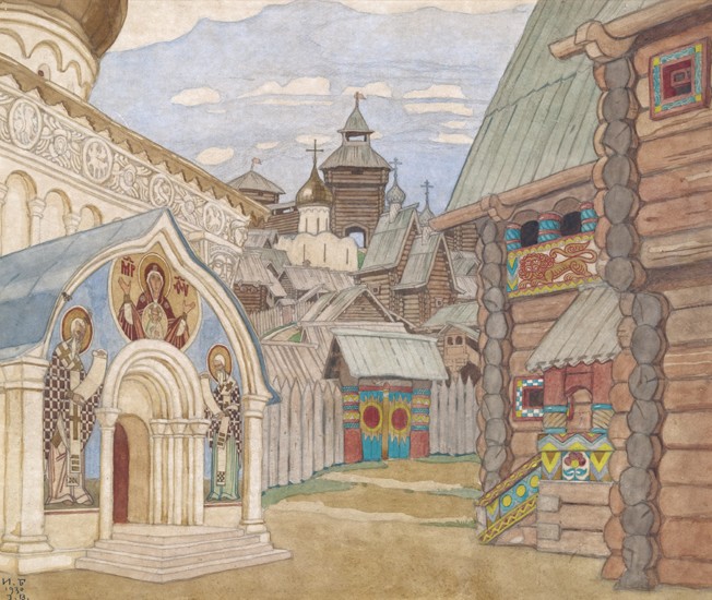 Russian Village. Stage design for the opera The Tale of Tsar Saltan by N. Rimsky-Korsakov de Ivan Jakovlevich Bilibin