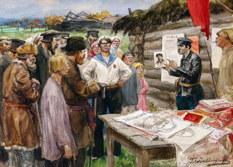 Die Lehrstunde des Kommunismus im Dorf (Aus der Aquarellserie Russische Revolution) de Iwan Alexejewitsch Wladimirow