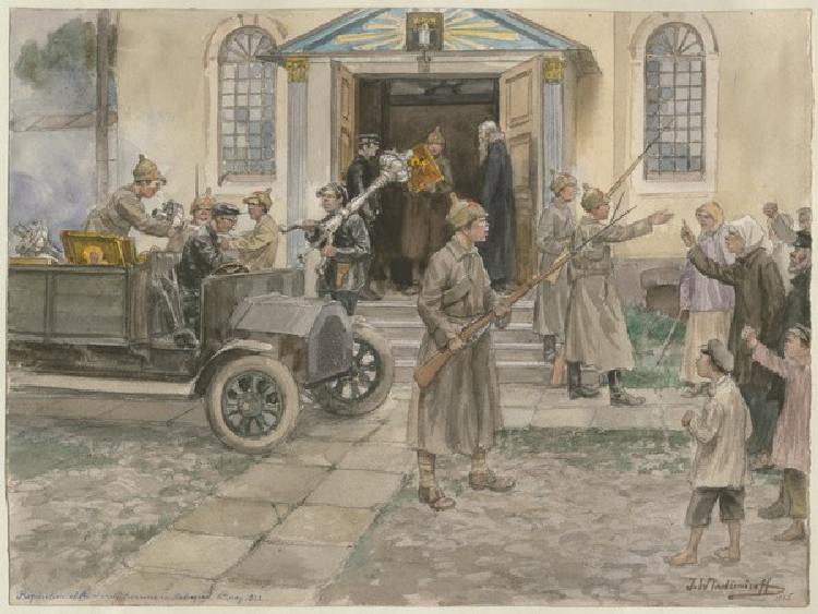 Die Beschlagnahme der Kirchenschätze durch Rotarmisten in Petrograd am 5. Mai 1922 (Aus der Aquarell de Iwan Alexejewitsch Wladimirow