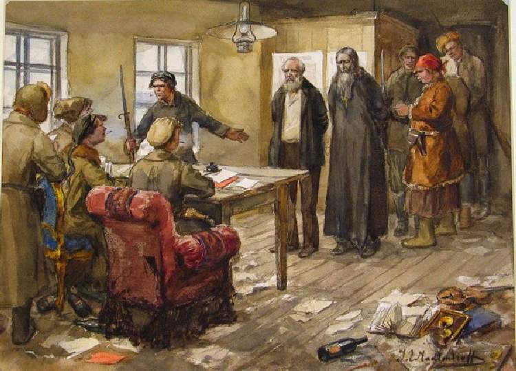 Ein Gutsbesitzer und ein Priester werden vom Revolutionstribunal zum Tode verurteilt (Aus der Aquare de Iwan Alexejewitsch Wladimirow