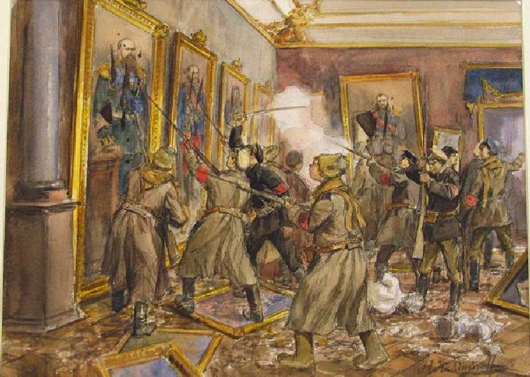 Eine Szene im Winterpalast im Dezember 1918 (Aus der Aquarellserie Russische Revolution) de Iwan Alexejewitsch Wladimirow