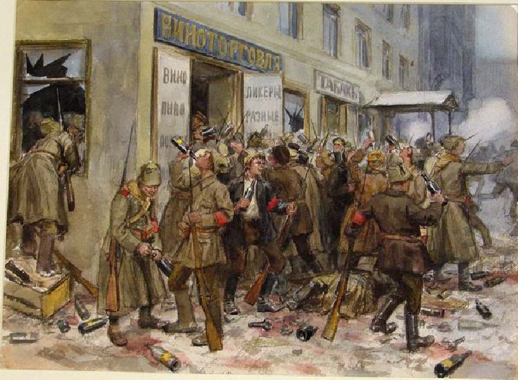 Revolutionäre Arbeiter und Soldaten plündern ein Weinladen in Petrograd (Aus der Aquarellserie Russi de Iwan Alexejewitsch Wladimirow