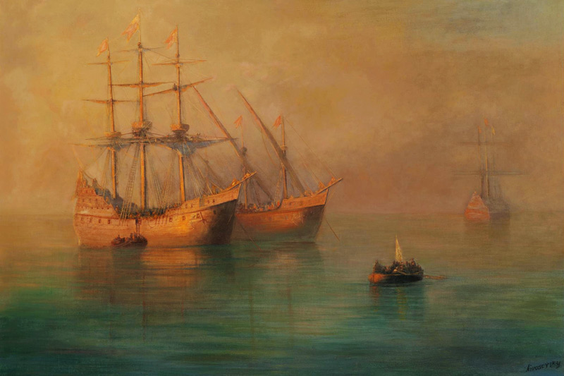 The arrival of Fleet of Christopher Columbus de Iwan Konstantinowitsch Aiwasowski
