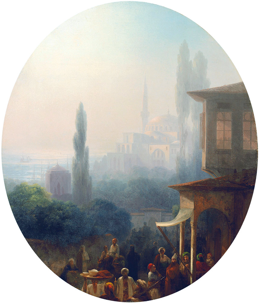 A market scene in Constantinople, with the Hagia Sophia beyond de Iwan Konstantinowitsch Aiwasowski