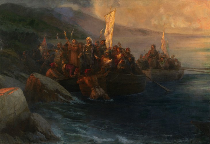 The Disembarkation of Christopher Columbus on San Salvador, 12th October 1492 de Iwan Konstantinowitsch Aiwasowski