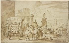 Römische Straße mit einem Monument des Neptun, links hält eine Kutsche, dabei ein Reiter, der mit ei
