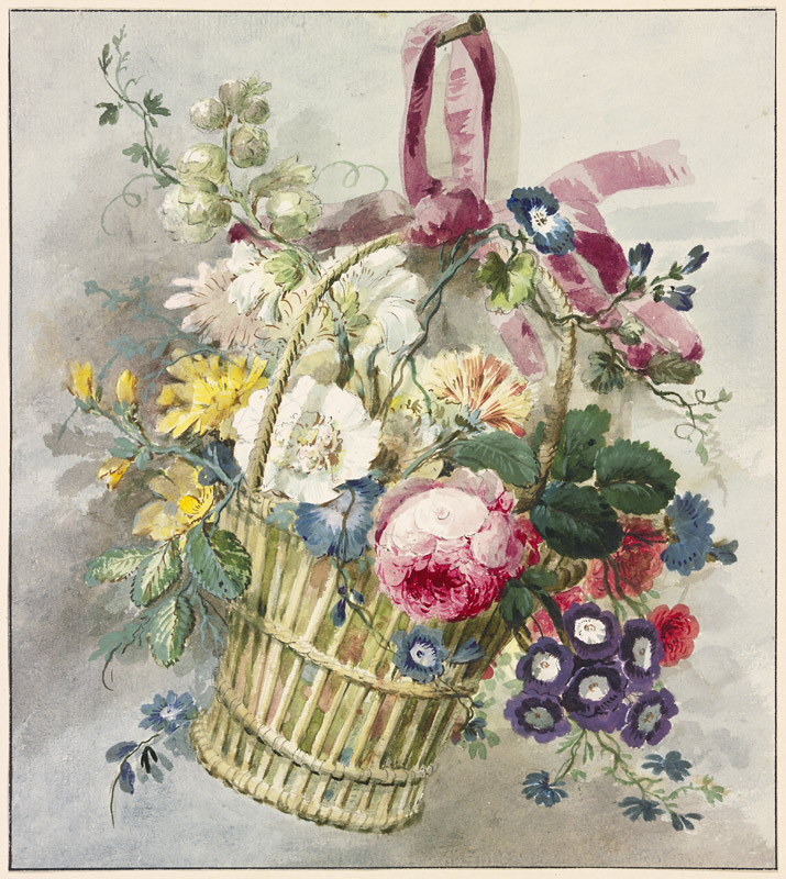 Blumenstrauß in einem aufgehängten Körbchen de J. H. van Loon