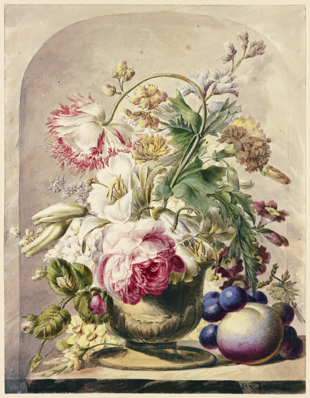 Bouquet in einer Vase, vorne rechts ein Pfirsich und einige Trauben de J. H. van Loon