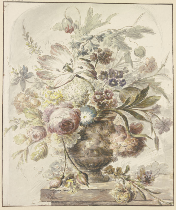 Blumenstrauß in einer Vase mit Basrelief, links hängen zwei Rosenknospen herab de J. H. van Loon