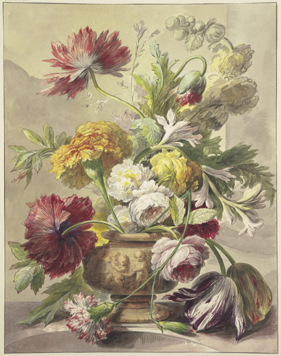 Blumenstrauß in einer Vase mit Basrelief von Mohn, Rosen, Tulpen, quer über der Vase hängt eine gekn de J. H. van Loon