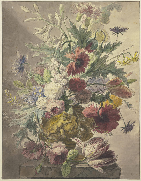 Blumenstrauß in einer Vase mit Basrelief, vorne liegt eine Rose und eine Tulpe de J. H. van Loon