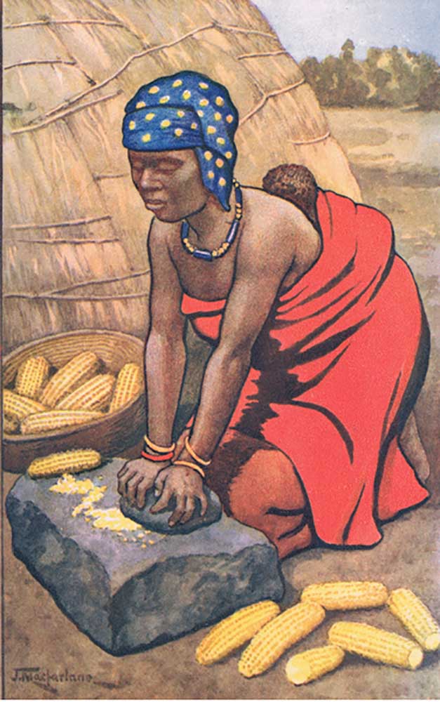 Woman grinding mealies, from MacMillan school posters, c.1950-60s de J. Macfarlane