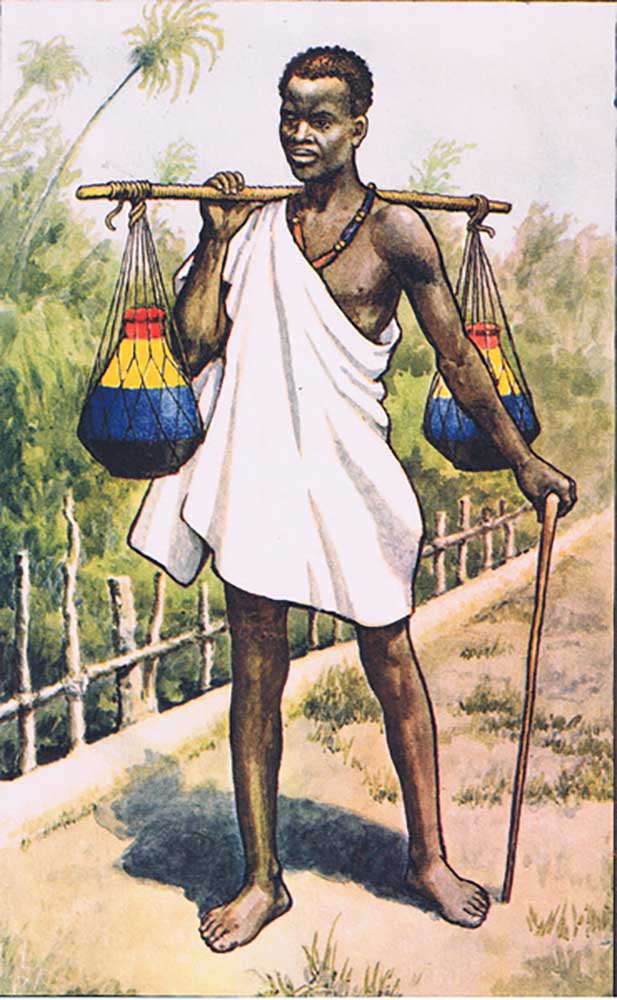 Uganda: A native carrying milk, from MacMillan school posters, c.1950-60s de J. Macfarlane