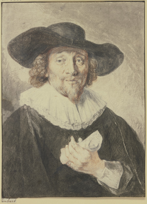 Brustbild eines schwarz gekleideten Mannes, er hat den Hut auf dem Kopf und eine Papierrolle in der  de Jacob Adriaensz. Backer