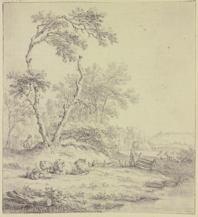 Bei einer Baumgruppe an einem Zaun liegendes Vieh, rechts eine Frau mit einem Eimer de Jacob Cats