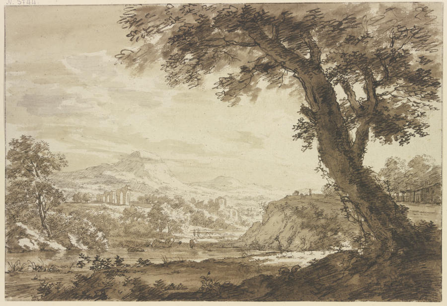Italienische Landschaft mit Ruinen, rechts bei einem Wasser ein großer Baum de Jacob Cats
