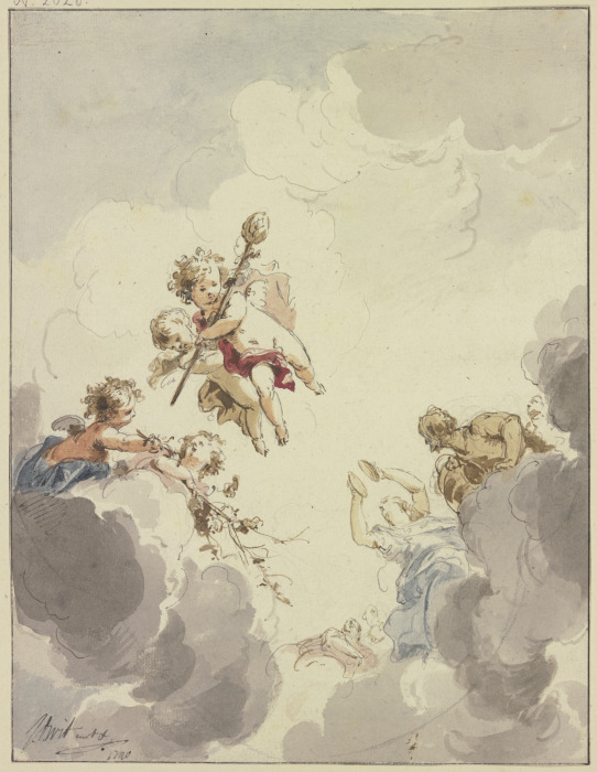 Amoretten mit einem Thyrsusstab und Bacchanten in Wolken de Jacob de Wit