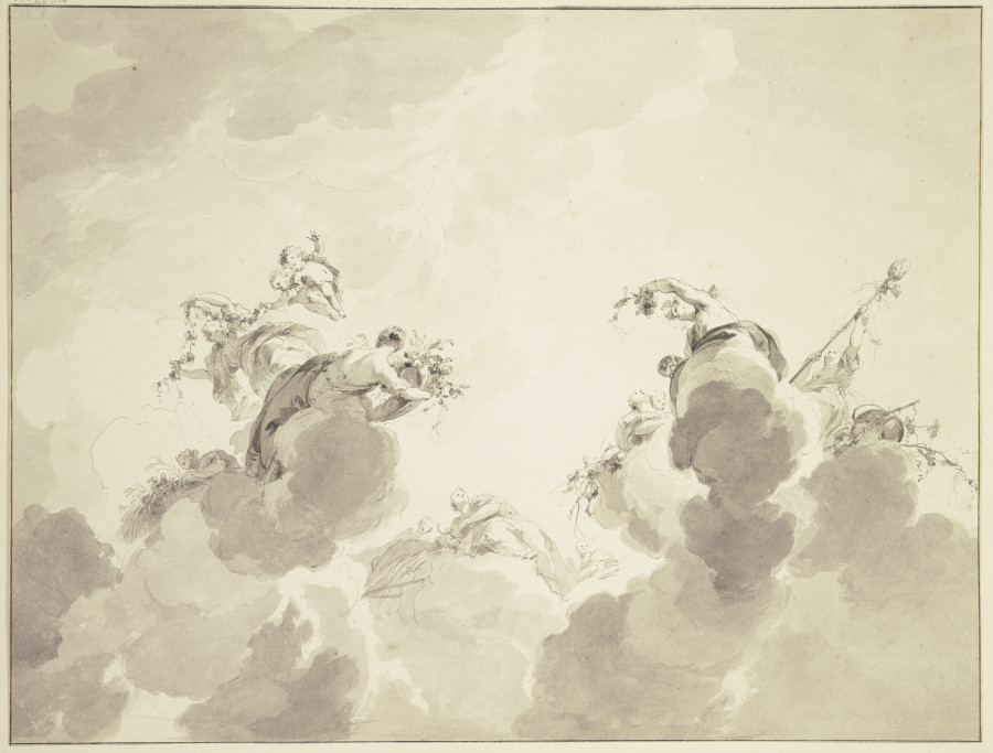 Bacchus, Ceres und Flora mit Gefolge in Wolken schwebend de Jacob de Wit