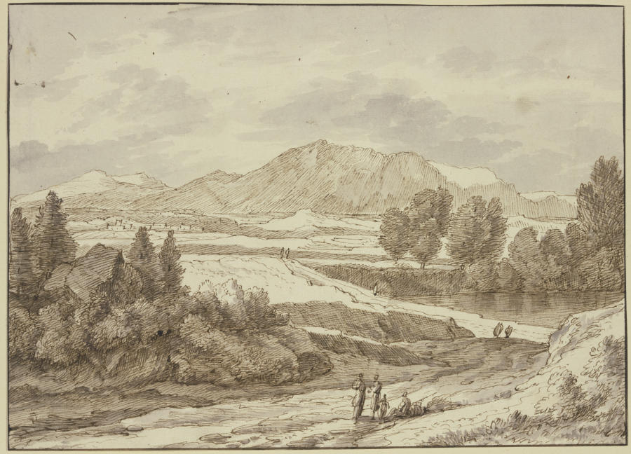 Ebene vor dem Gebirge, rechts ein See, auf dem Weg verschiedene Figuren de Jacob Esselens