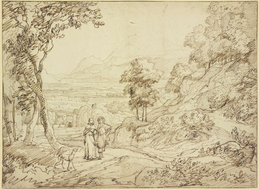 Landschaft, auf dem Weg ein Herr und eine Dame mit einem Windhund de Jacob Esselens