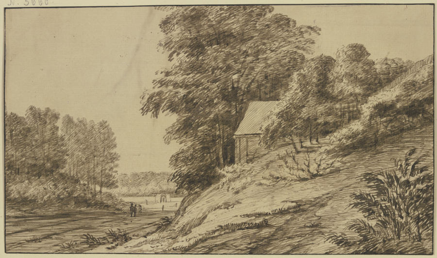 Landstraße durch den Wald, rechts unter hohen Bäumen auf einem Abhang eine Hütte de Jacob Esselens