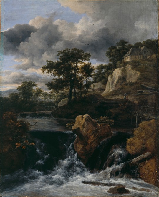 Hilly landscape with a waterfall de Jacob Isaacksz van Ruisdael