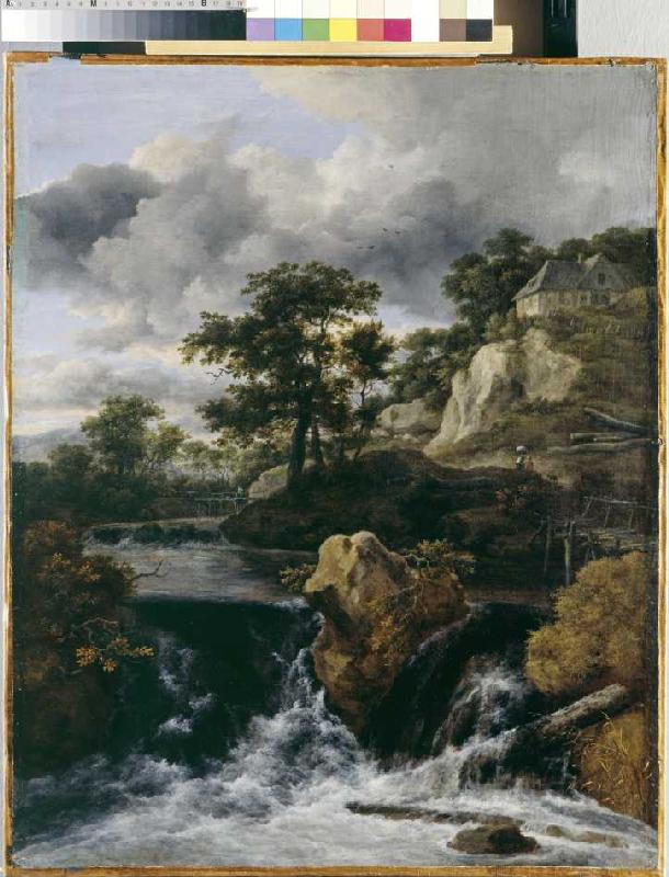 Hügellandschaft mit Wasserfall de Jacob Isaacksz van Ruisdael