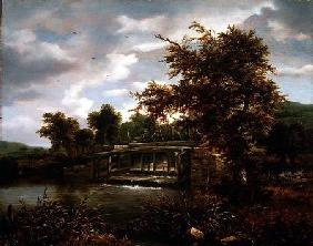 A wooded river landscape with a sluice gate