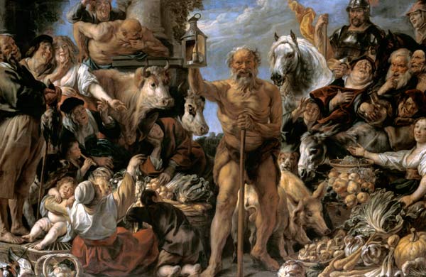 Diogenes mit der Laterne, auf dem Markte Menschen suchend de Jacob Jordaens