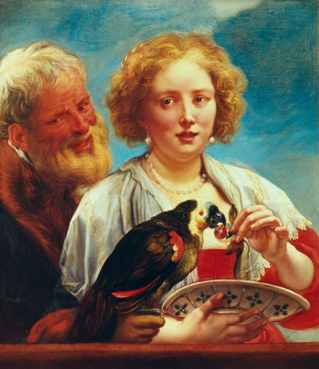 A young woman with an old mann and a parrot, de Jacob Jordaens