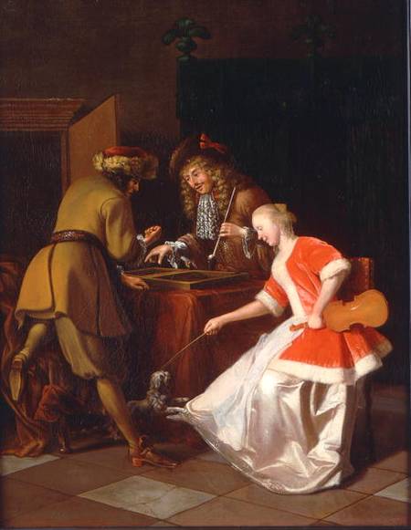 Tric-trac Players with a Lady and Her Dog de Jacob Ochtervelt