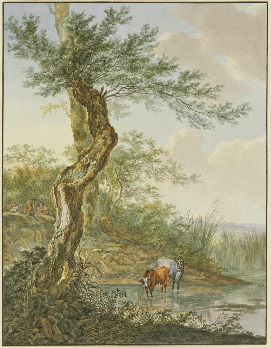 Landschaft mit Wasser, daran ein alter Weidenbaum, im Wasser zwei Kühe de Jacob Perkois