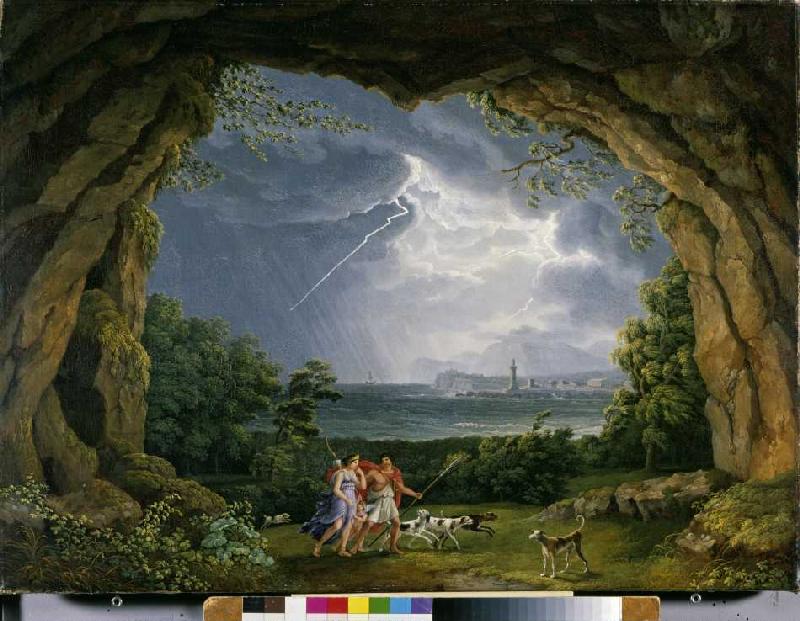 Aeneas und Dido flüchten vor dem Unwetter in eine Grotte de Jacob Philipp Hackert